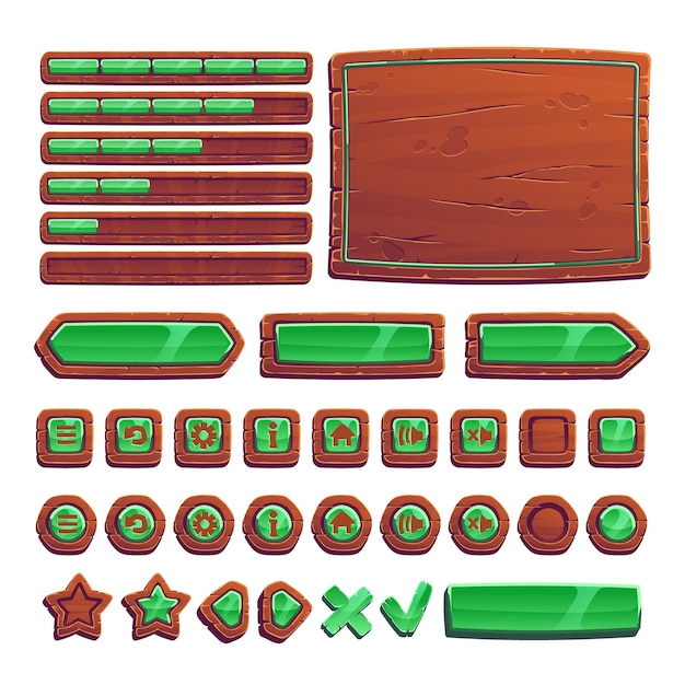 Buttons from wooden boards with green for ui game. Vector cartoon set of brown banners, emerald menu buttons in wood frame, arrows and progress bar for mobile game isolated on white background