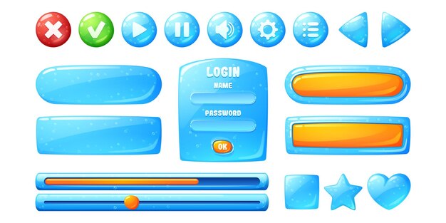 게임의 사용자 인터페이스 디자인을 위한 파란색 젤리 텍스처가 있는 버튼. 거품, 확인란, 중지, 재생 및 일시 중지 버튼과 로그인 프레임이 있는 물에서 ui 요소의 벡터 만화 세트