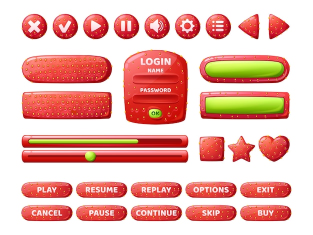 게임 인터페이스용 딸기 텍스처가 있는 버튼 재생 중지 및 일시 중지 아이콘 막대 메뉴 버튼 및 로그인 프레임이 있는 레드 베리의 gui 요소 벡터 만화 세트