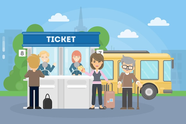 Покупка билетов на автобус Люди в очереди снаружи