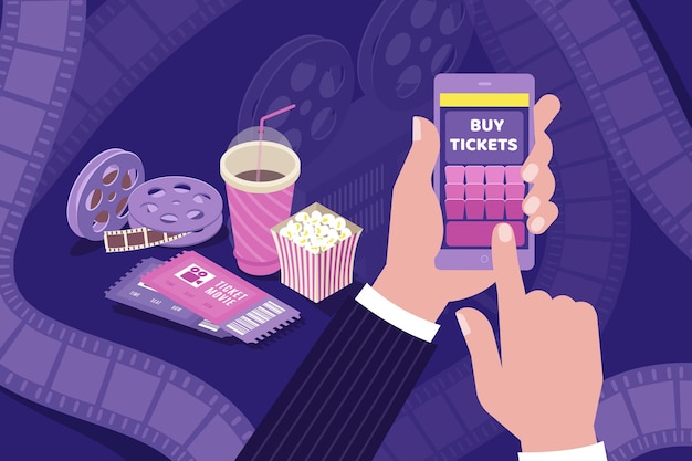 Vettore gratuito acquisto di biglietti per il cinema composizione isometrica online con tenendo le bobine di film di film di popcorn a mano per smartphone