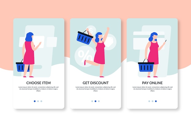 Buying products online onboarding app screens