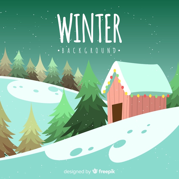 Free vector cabin surrounded by trees winter background