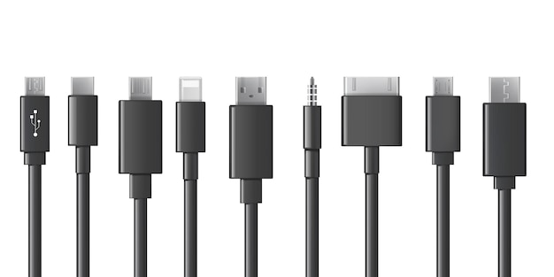 Free vector cable ports chargers usb cables plugs and connectors set types of mobile phone cords collection of black smartphone connection wires on white background