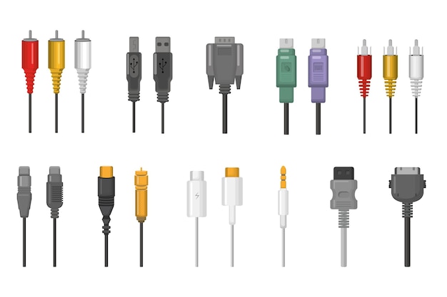 ケーブルとプラグコネクタのセット。イーサネット、hdmi、vga、usb、ビデオ、オーディオポートの配線接続