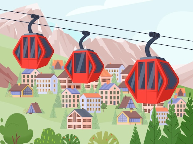 Cableway against landscape with mountains and houses flat vector illustration