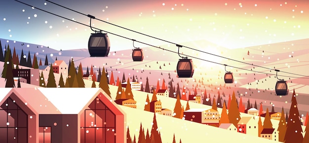 Канатная дорога в заснеженных горах жилые дома в районе горнолыжного курорта рождество новогодние праздники празднование зимних каникул