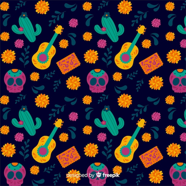 Cacti and guitar seamless dia de muertos pattern