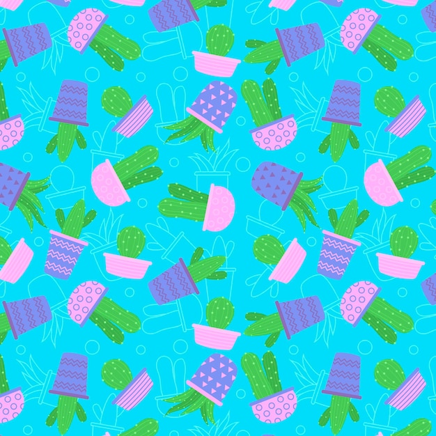 Cacti in pink pots seamless pattern collection