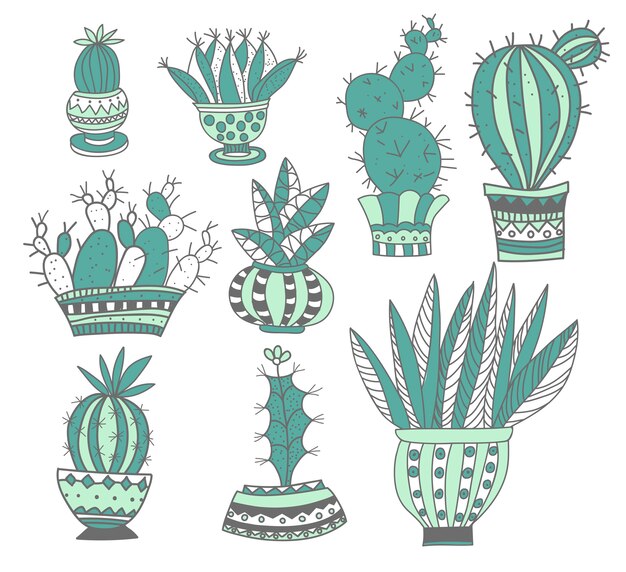 ヒッジ鉢植えのカワイイ顔文字絵文字多肉植物のセット 植物の居心地の良いスカンジナビアスタイルのコレクション プレミアムベクター