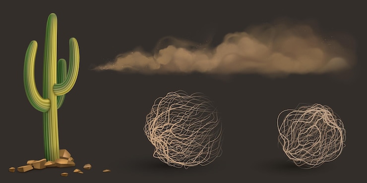 Free Vector cactus brown dust clouds and tumbleweed dry weed balls