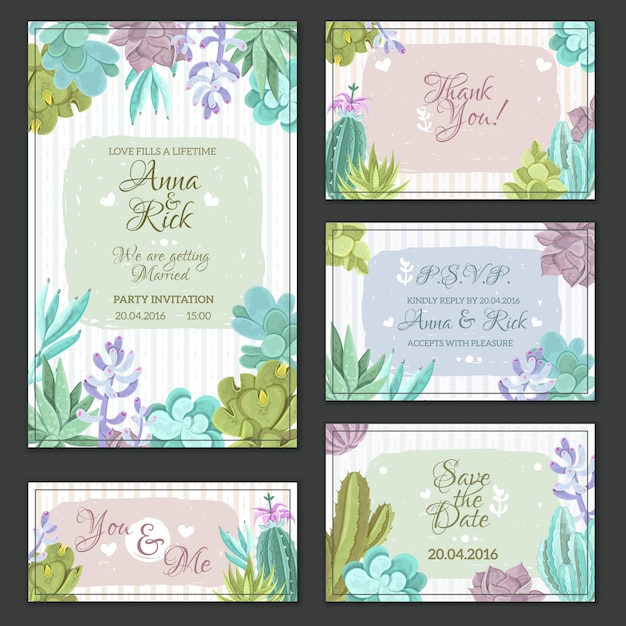 Free vector cactus wedding cards set