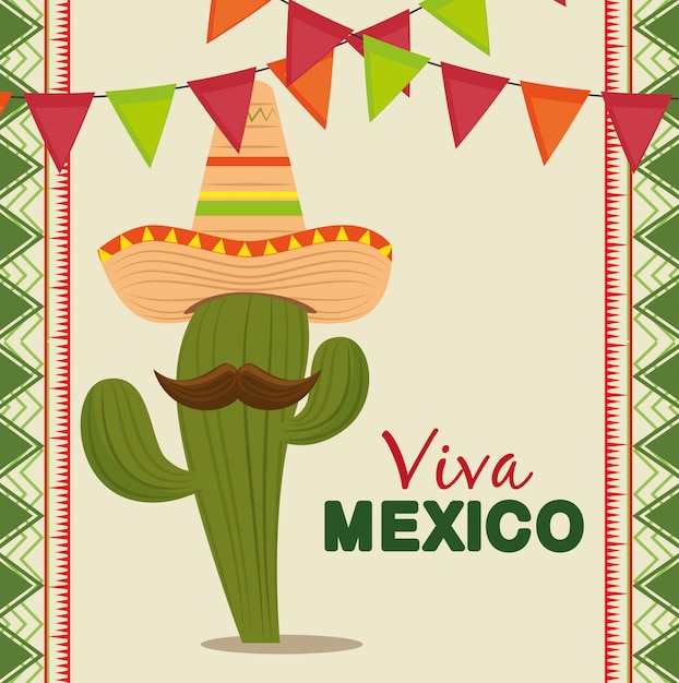 Free vector cactus with mexican hat and mustache to celebrate event