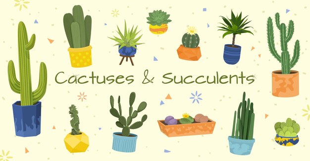 Free vector cactuses flat composition set with different sizes and types of cactuses and succulents in pots vector illustration