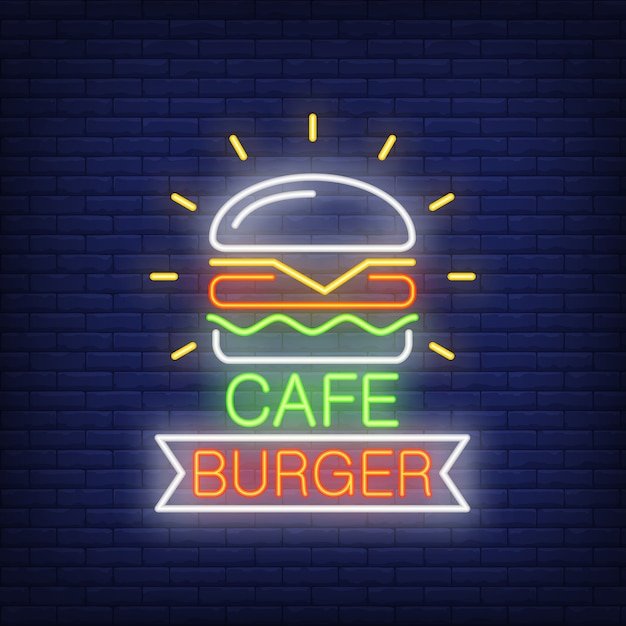 Free vector cafe burger neon sign. hamburger and ribbon shape on brick wall background.