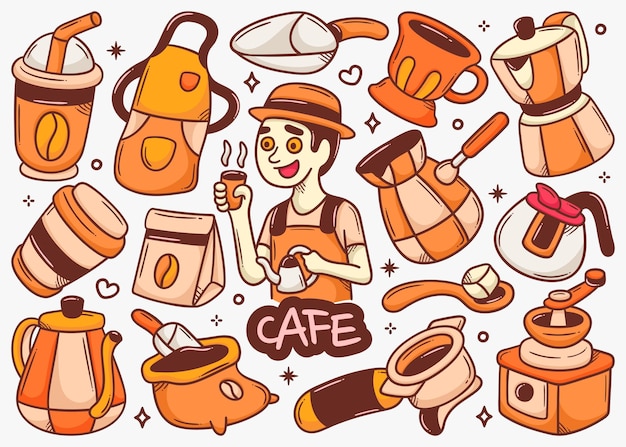 Cafe doodle hand drawn color vector collection