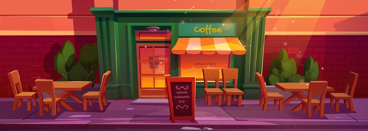 Free Vector cafe exterior with table and chair outside cartoon