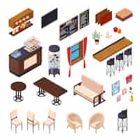 Free vector cafe interior restaurant pizzeria bistro canteen isometric elements set of isolated furniture and shop display images vector illustration