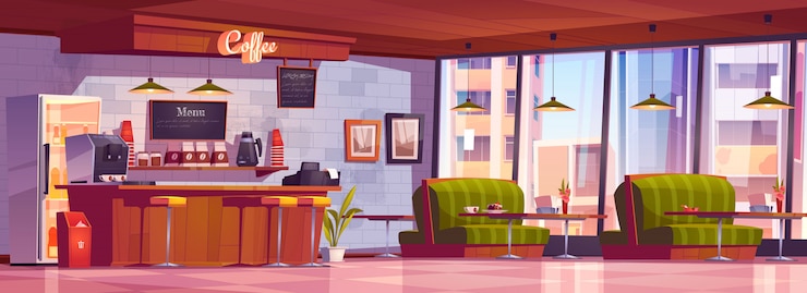 Free Vector cafe interior with coffee machine at cashier desk, refrigerator, chalkboard menu, tables with couches, bar and chairs.
