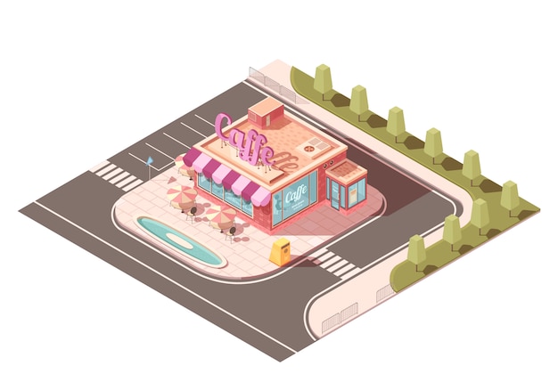 Cafe outside view isometric design 