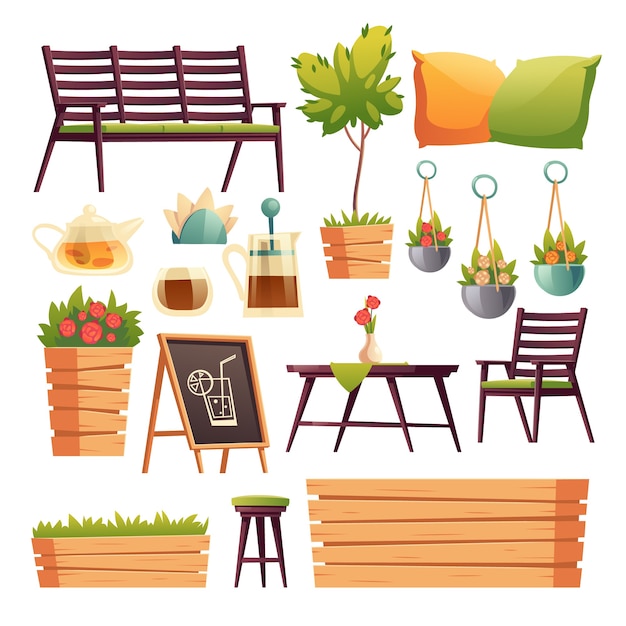 Free vector cafe or restaurant terrace with wooden bar counter, seats, flowers and plants