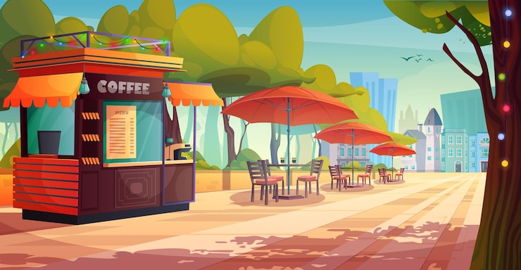 Free Vector cafe stall and tables under umbrellas on park alley vector cartoon illustration of urban street coffee shop decorated with garlands outdoor seats in shadow of trees city buildings on background