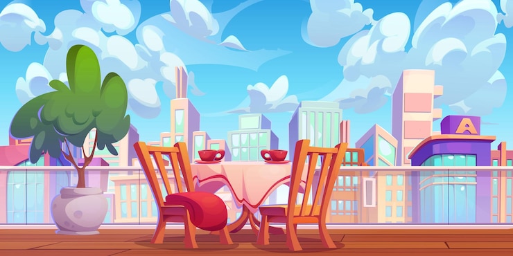 Free Vector cafe table and chairs on rooftop terrace