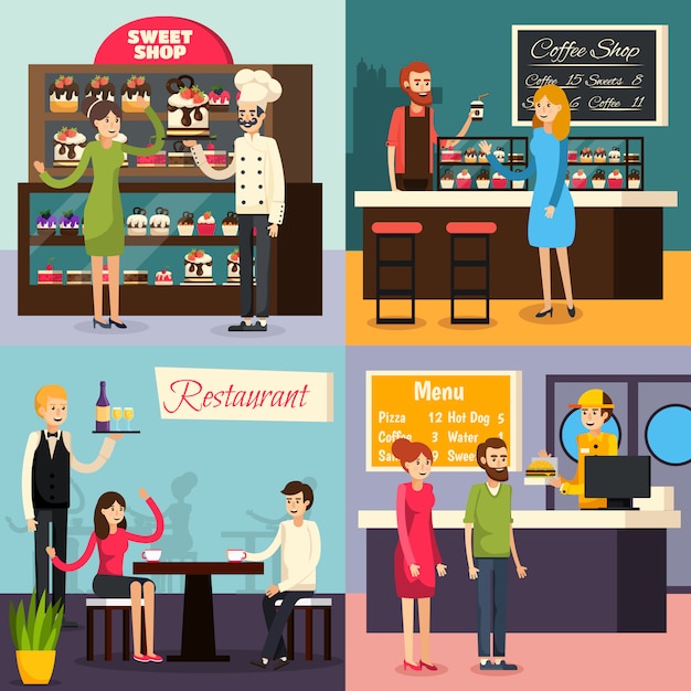 Free vector cafe worker flat icon set