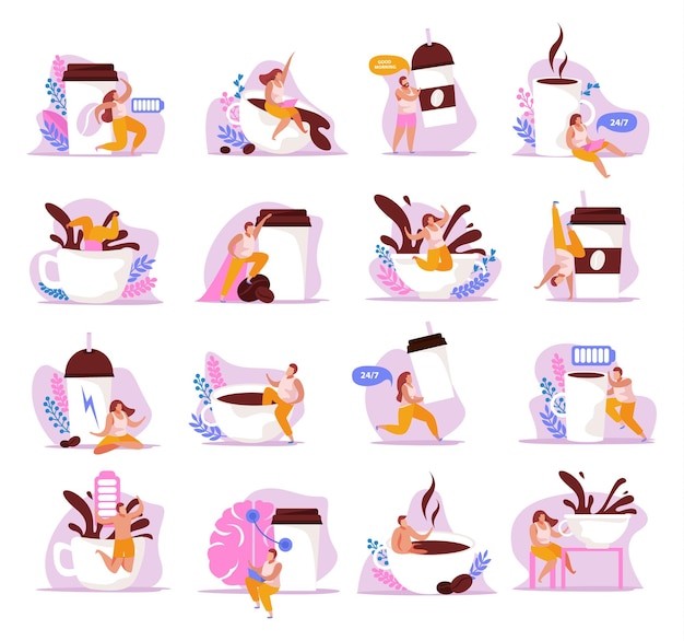 Free vector caffeine stimulating effect flat icons set of isolated compositions with coffee cups batteries and human characters vector illustration