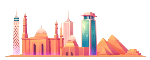 Free vector cairo, egypt skyline with world famous landmarks