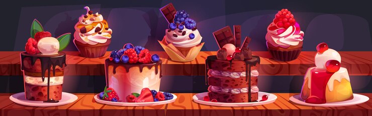 無料Vector 店のパン屋のカウンターにあるケーキ 可愛いカップケーキ