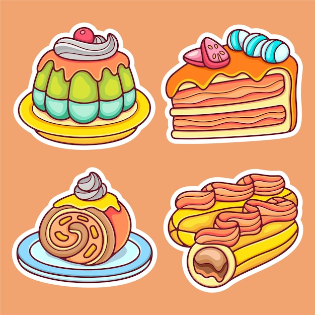 ケーキとパン屋のステッカーアイコン手描きの着色ベクトル