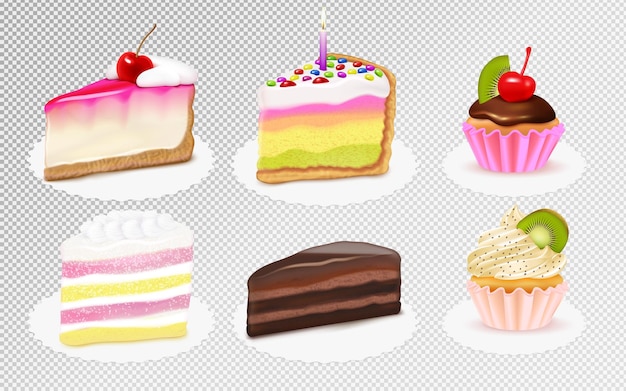 Бесплатное векторное изображение Кусочки чизкейка и кексы реалистичный набор с экстрактами киви, вишни, ванили, шоколадная глазурь, прозрачная иллюстрация