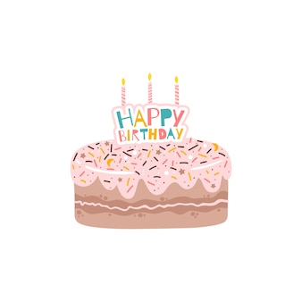 キャンドルと碑文の誕生日パーティーでケーキを振りかけるとピンクの釉薬 白い背景の上のシンプルな漫画スタイルの孤立したフラットイラスト プレミアムベクター キャンドルと碑文の誕生日パーティーでケーキを振りかけるとピンクの釉薬 白い背景の上のシンプルな漫画スタイルの孤立したフラットイラスト プレミアムベクター