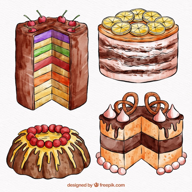 Бесплатное векторное изображение Коллекция тортов в акварельном стиле