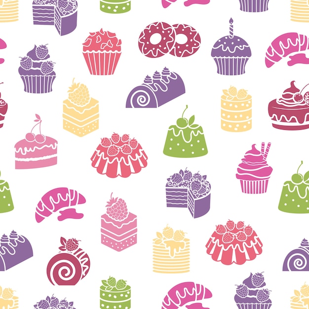 Cakes and sweets seamless pattern background. Dessert and food, cream and bakery, vector illustration