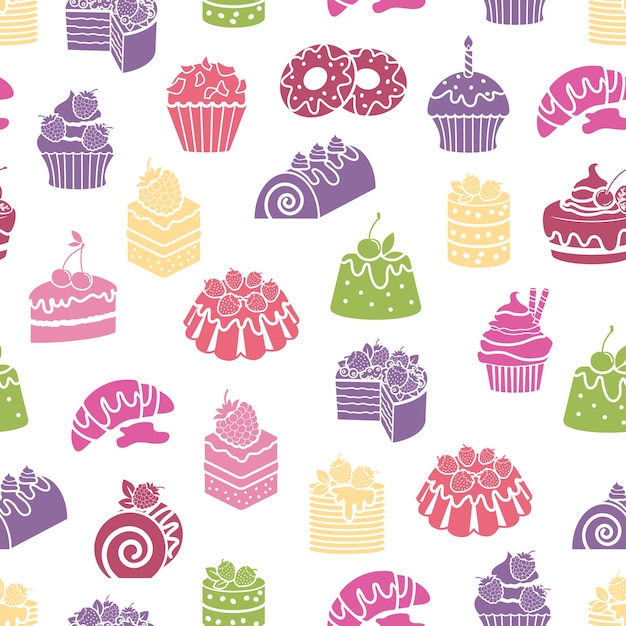 Бесшовный фон фон торты и сладости. Десерт и еда, сливки и выпечка, векторные иллюстрации