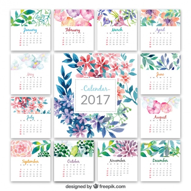 Free vector calendar 2017 with watercolor flowers