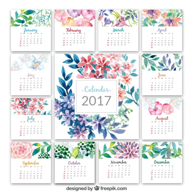 Calendar 2017 with watercolor flowers