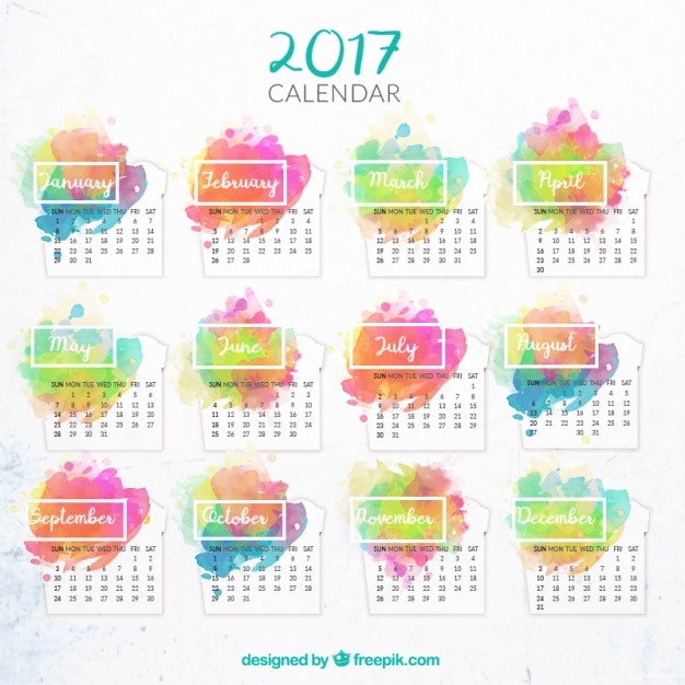 Free vector calendar 2017 with watercolor stains