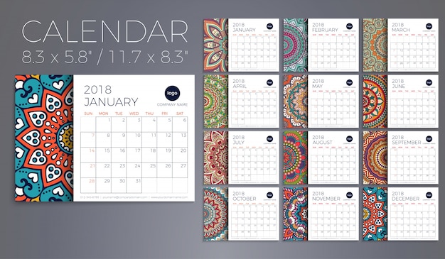 カレンダー​2018​。​ヴィンテージ​装飾​要素​。​東洋​の​パターン​、​ベクトル​イラスト​。