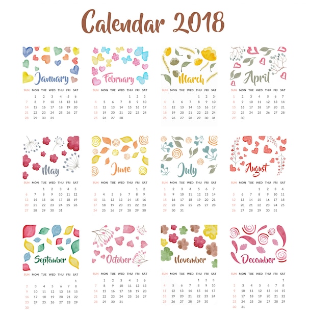 Calendar 2018 watercolor design