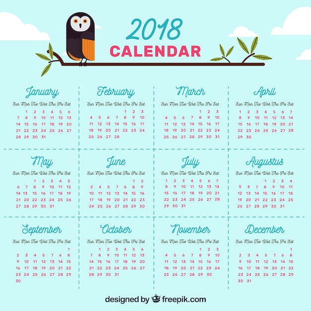 Vettore gratuito calendario 2018 con owl