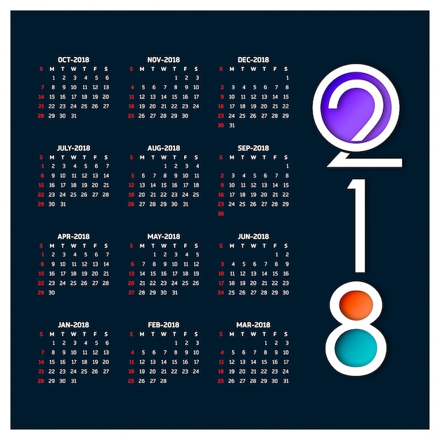 Free vector calendar for 2018