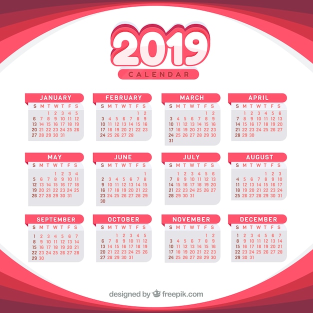 Calendar for 2019 in flat design