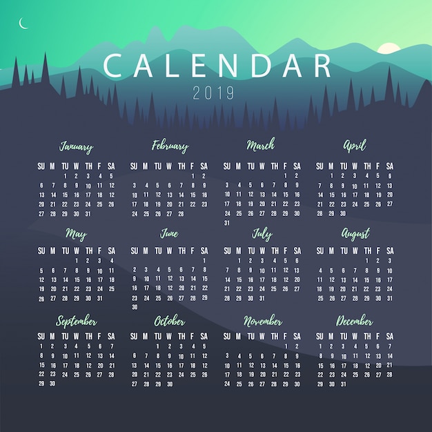 Календарь 2019 шаблон с ландшафтом