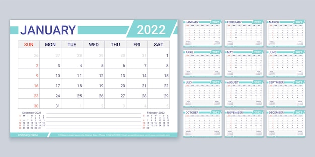 Calendar 2022 planner calender template week starts sunday yearly stationery organizer with 12 month