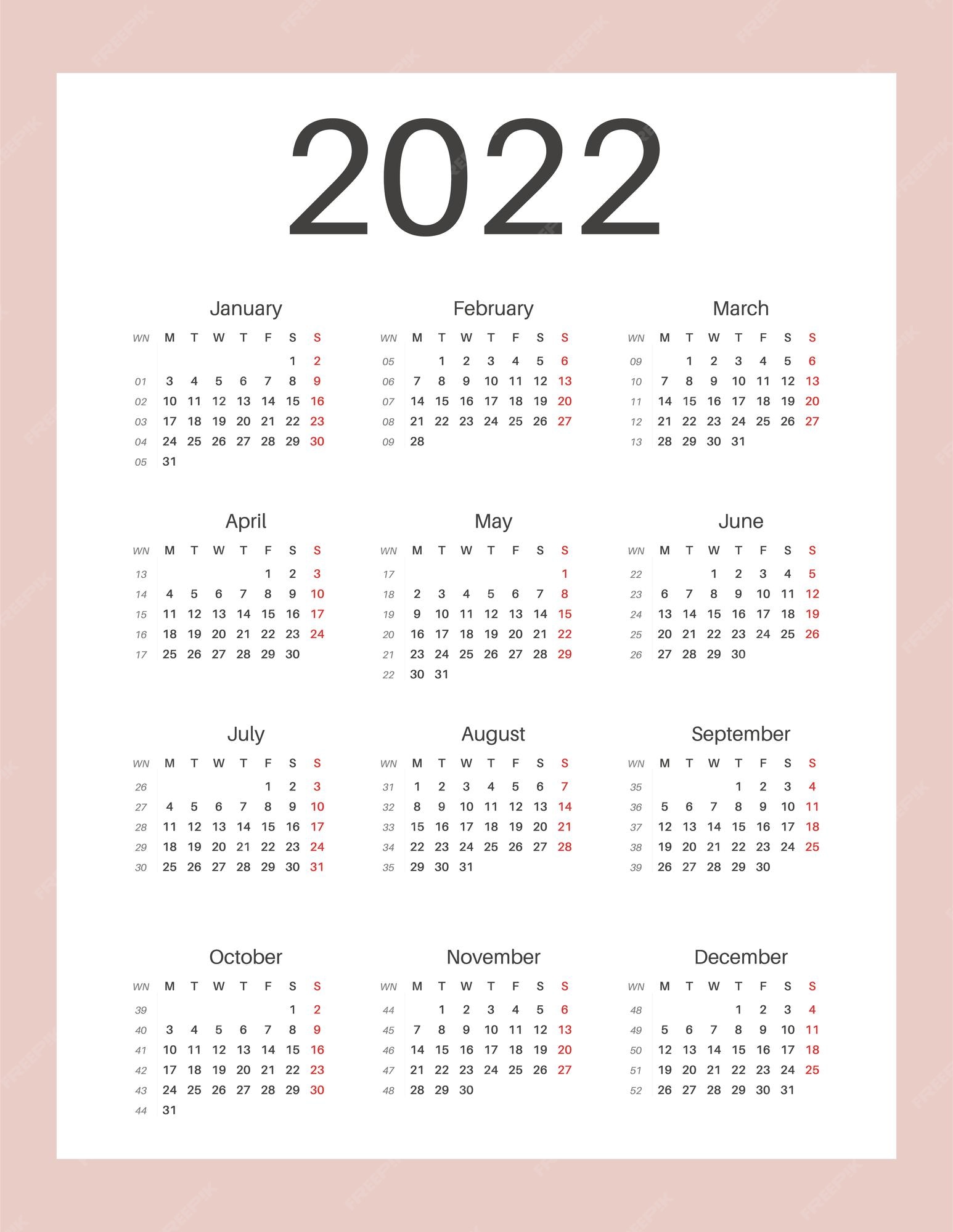 premium vector calendar 2022 sunday week start letter size vertical portrait layout printable calendar template for planners week number grunge style typography