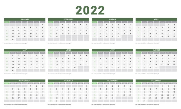 Calendar 2022 week start sunday corporate design planner template