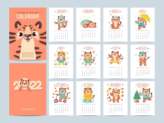 Calendar 2022 with cute tigers. covers and 12 month pages with animal characters season activities. chinese new year symbol vector planner. chinese tiger character to 2022 calendar year illustration Premium Vector